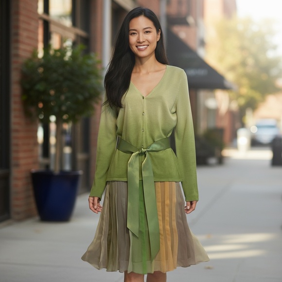Skirt&Top Set Green ombré silk knit + peach gray celadon tan Chiffon Silk pleats